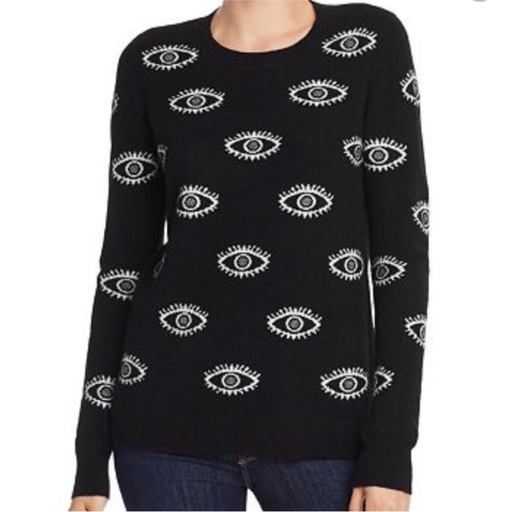 Aqua Cashmere Black Crewneck Evil Eye Sweater 100% Cashmere Extra Small Knit XS